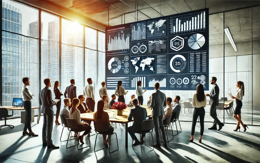 Imagen generada con IA de personas tomando decisiones mediante un dashboard